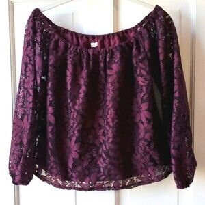 HOLLISTER BURGUNDY LACE OFF-SHOULDER PEASANT TOP SIZE SMALL FALL ROMANTIC